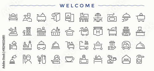 Welcome icon set. Web icons pack. Pictograms of motel, hotel, hostel, restaurant, serving. Signs for web and mobile app. Hostel icon set.