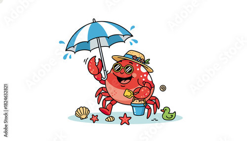 Colorful Beach Scene Crab Under Umbrella.