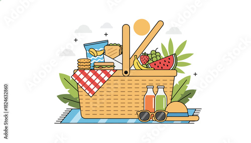 Illustrated picnic basket filled with snacks and fruit.