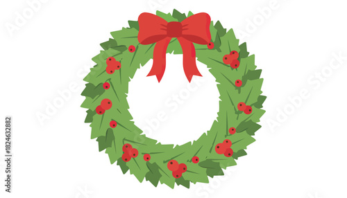 Festive green wreath with red bow and holly berries.