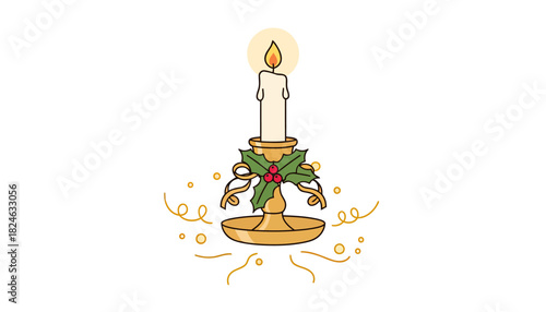 Single lit candle on decorative holder for festive scene.