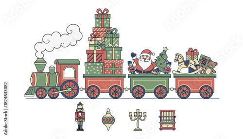 Colorful Christmas train carrying stacked gifts and festive figures.