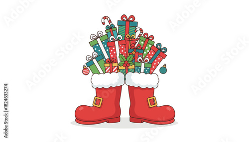 Santa boots overflowing with festive gifts.