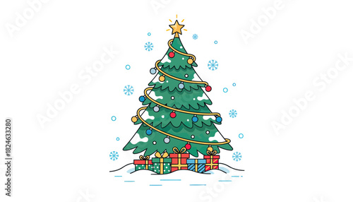 Christmas tree decorated with lights ornaments and gifts.