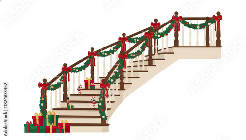 Festive Decorated Staircase with Garland and Ribbons.