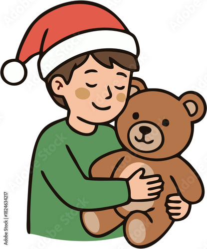 Adorable illustration of a young boy in a Santa hat holding his beloved teddy bear with eyes closed in a warm embrace