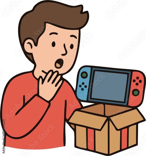 Joyful young man unboxing a new video game system with an expression of pure surprise and excitement, eagerly anticipating hours of entertainment and fun with his latest tech gadget