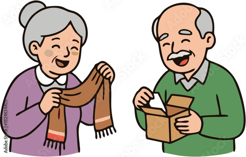 Happy elderly couple exchanging gifts, the senior woman is delighted with a warm scarf from her loving husband