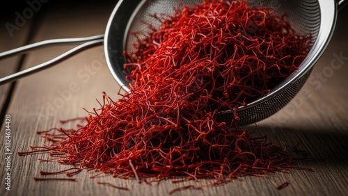 Vibrant red saffron spice threads spilling from metal strainer