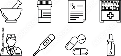 Vector Illustration of Medical Healthcare Icons Set: Pharmacy, Doctor, Medicine, Hospital, and Health Symbols