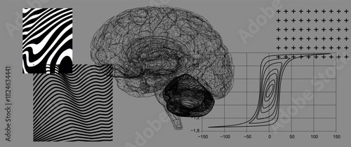 Detailed neural brain mesh connects to wavy distortions and activation graphs. Conceptual vector illustration for artificial intelligence, human brain simulation, neural networks, neuroscience.
