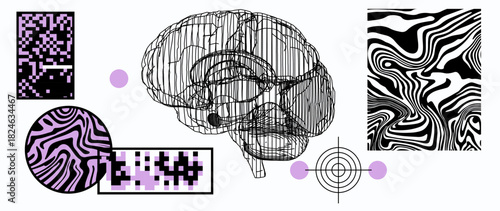 Wireframe human brain is surrounded by pixel noise, fluid distortions and abstract data shapes. Conceptual vector illustration for artificial intelligence, neural anatomy, machine perception.