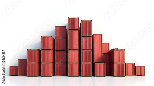 A stacked arrangement of red shipping containers against a minimalist white background.