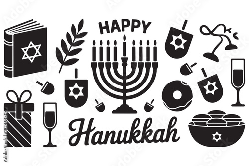 Black Hanukkah Holiday Symbol Silhouettes