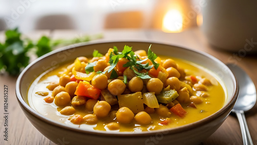 A close-up shot of a delicious bowl of creamy chickpea and vegetable curry, garnished with fresh herbs, served on a wooden table.