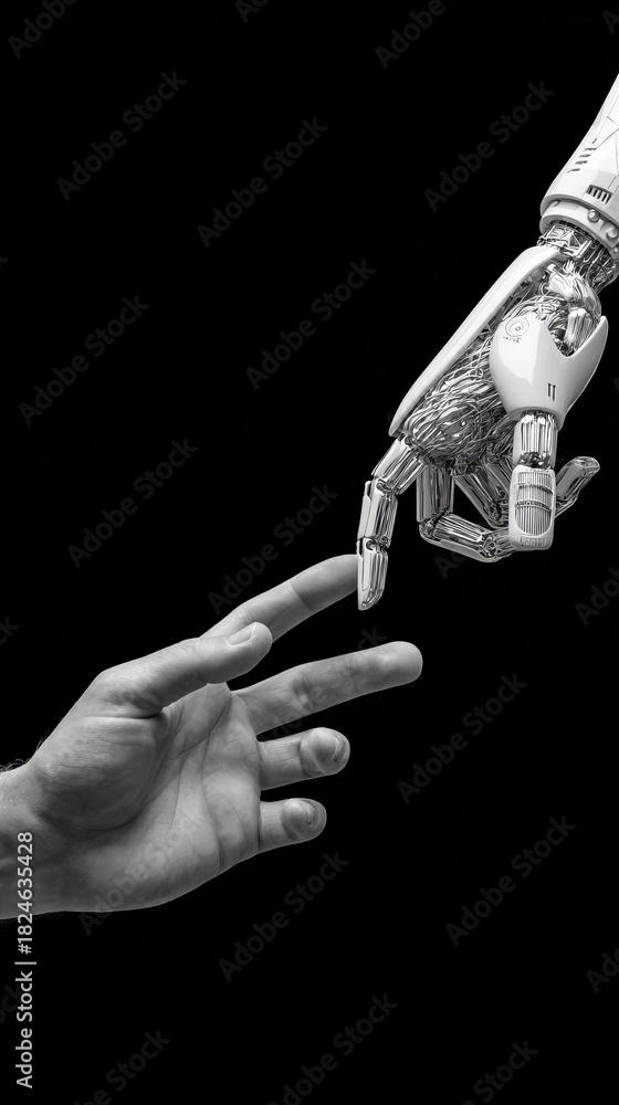 Fototapeta premium A striking monochrome shot of a human hand extending towards a metallic robot arm, with the fingertips nearly touching.