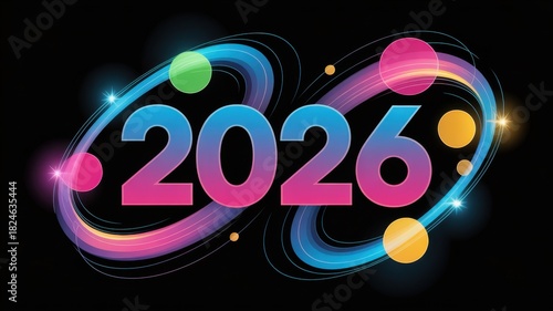 Colorful 2026 design with lights and orbits on black backdrop artistic concept