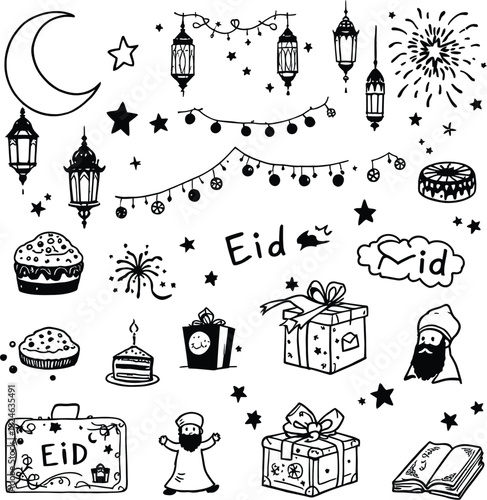 Eid alfitr doodle set isolated on white background featuring moon, star, lantern, gift box, cake, firework, cloud, book, and suitcase illustrations