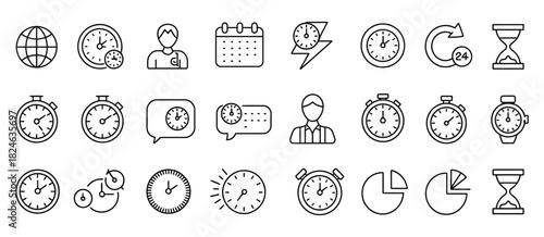Alarm and deadline icons with clocks, calendars, sand hourglass, digital smartwatch, timer stopwatch, and time management elements in thin line vector style, ideal for scheduling and productivity
