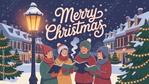 Community singing songs together in winter cityscape with vintage street light