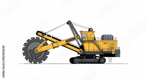 Large yellow mining excavator machine illustration on white background.