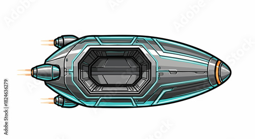 Futuristic spacecraft design with detailed exterior and engine components.