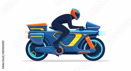 Futuristic motorcycle rider on a sleek blue electric vehicle.