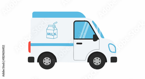 White Milk Delivery Truck with Blue Accents and Milk Carton Logo.