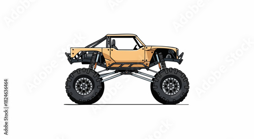 Off-road vehicle with large tires and suspension system.