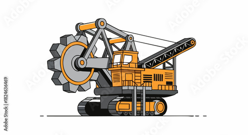 Large industrial bucket wheel excavator heavy mining machinery illustration.