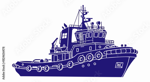 Detailed Blue Tugboat Illustration on White Background, Maritime Vessel, Water Transport.