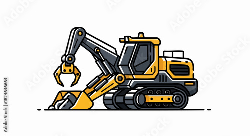 Yellow excavator machine with a claw for construction work on the ground.
