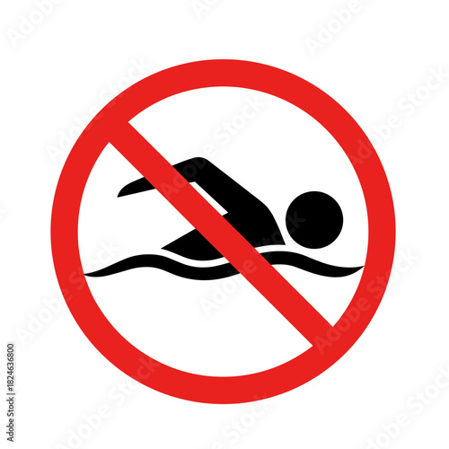 No swimming sign with crossed-out swimmer icon in red circle on white background