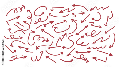 Set of hand drawn red arrows. Various of thin lines organic arrows. Hand drawn minimalist arrows. Simple sketch arrows for business plans, education designs. Flat arrows.