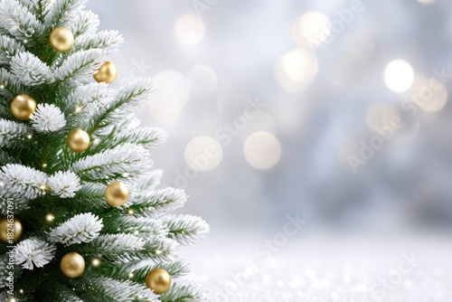 Christmas Tree Sparkle: A festive Christmas tree, adorned with shimmering gold ornaments, stands gracefully against a dreamy, blurred background, evoking feelings of warmth and holiday cheer.