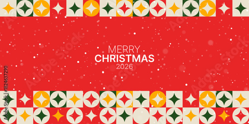 Merry Christmas 2026 text with falling snow on red background and retro geometric pattern border. Festive holiday design for greeting card or banner.