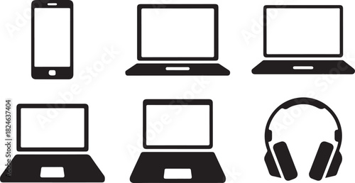 Set of Six Black Icons: Smartphone, Multiple Laptops, and Headphones technology device