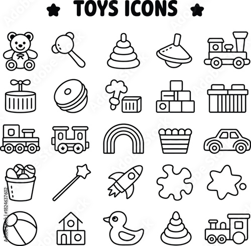 Collection of cute toys icons isolated on white background, including teddy bear, rattle, pyramid, spinning top, train, jack in the box, donut, cloud, blocks
