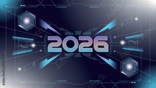 Futuristic 2026 neon glow with abstract tech circuit pattern modern technology