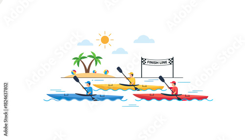 Group of Kayakers Paddling on Bright Water Adventure.