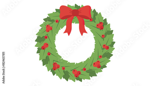 Festive green wreath with red bow and holly berries.