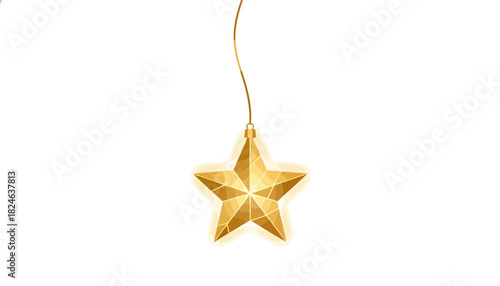 Golden hanging star ornament on white background.