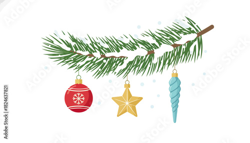 Decorated pine branch with Christmas ornaments.