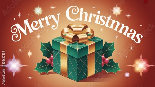 Green present with golden ribbon and red berries on light brown christmas background