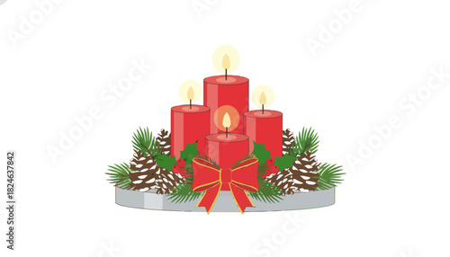 Festive red candles on a holiday cake centerpiece.