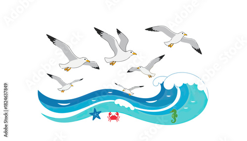 Group of seagulls flying over stylized waves.