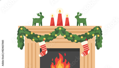 Cozy Christmas Fireplace Mantel With Decorations.
