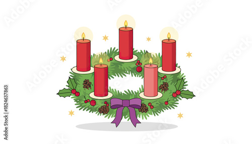 Advent wreath with lit candles centerpiece decoration.