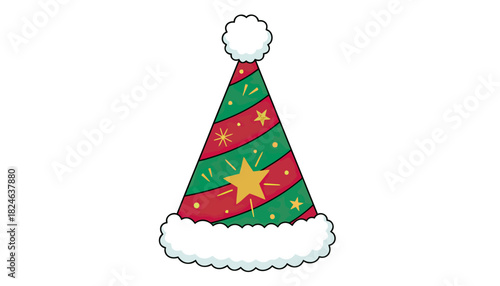 Festive party hat with colorful stripes and star decoration.