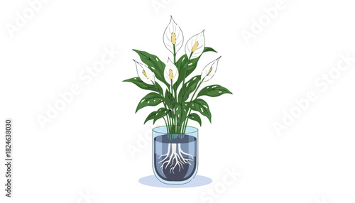 Spathiphyllum peace lily in clear glass pot with visible roots.